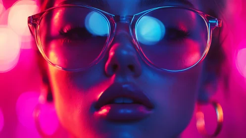 Close-up face with neon glasses in intense colored lighting