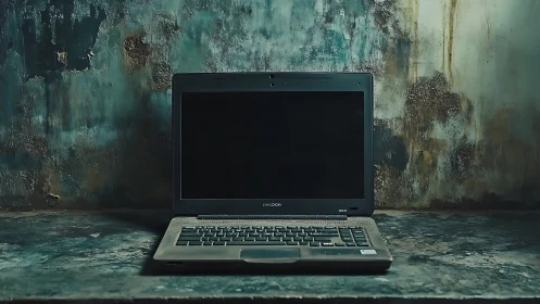 Weathered laptop centered against decayed textured wall.