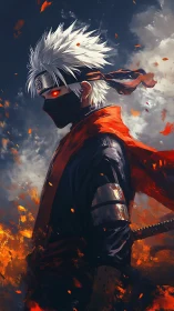 Fierce masked warrior stands in glowing embers and stormlight