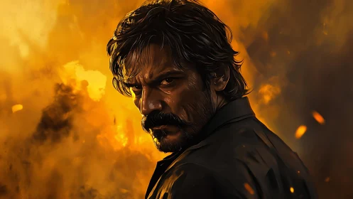 Brooding antihero glares through fiery golden inferno backdrop.