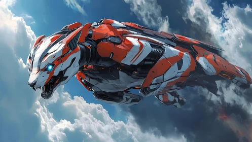 Cybernetic tiger gunship streaks through storm clouds.