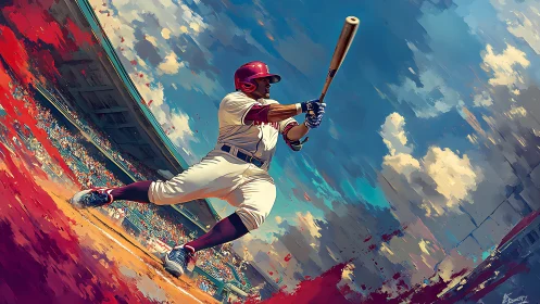 Dynamic baseball batter in sweeping stadium skyline composition.