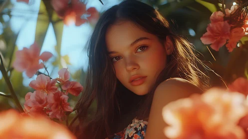 Sunlit portrait amid coral blossoms in lush garden.