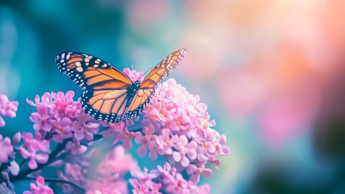 Monarch butterfly on pink blossoms in vibrant bokeh field.