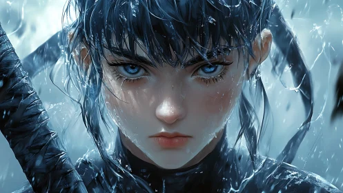 Hyperreal wet-haired warrior girl stares forward with icy focus