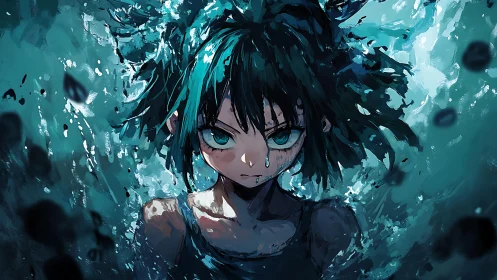 Young anime character stares ahead in turbulent blue water