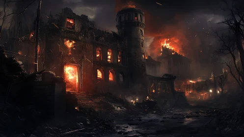 Inferno-Consumed Fortress Ablaze in Apocalyptic Dusk