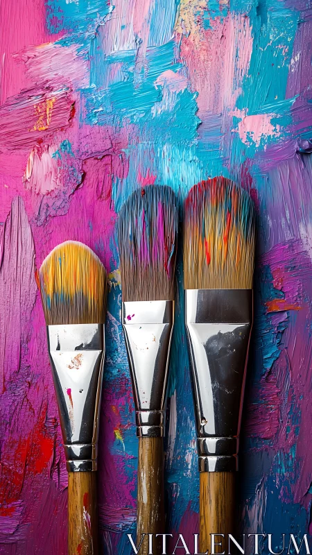 Three flat brushes align over impasto multicolor paint field