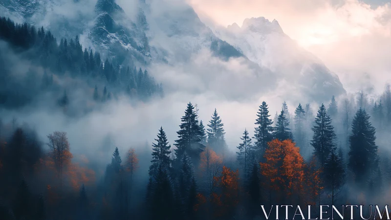 Misty pine forest glows beneath snowcapped dawn peaks.