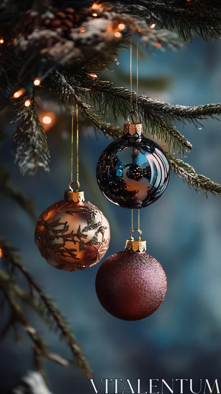 Christmas glass baubles glow on snow-dusted fir branch.