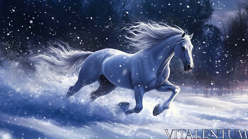 Galloping white horse in blue twilight snowfield, dynamic motion