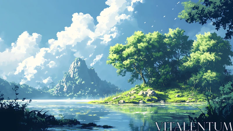 Luminous River Valley: Digital Landscape with Dramatic Peak.