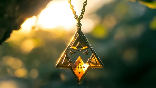 Golden geometric pendant catches warm sunset backlight