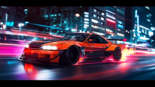 Neon-lit drift car accelerates through futuristic city streets
