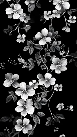 Monochromatic Floral Study: Black Background Botanical Illustration.