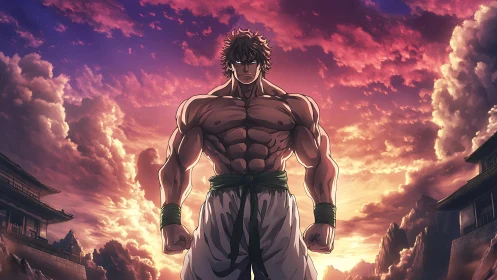 Storm-shouldered warrior crowns the sunset dojo sky