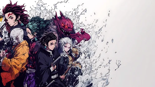 Dynamic anime ensemble framed by explosive liquid energy arcs