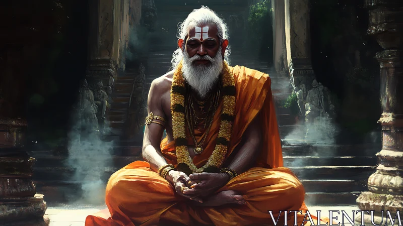 Elder mystic in saffron robes before misted stone temple.