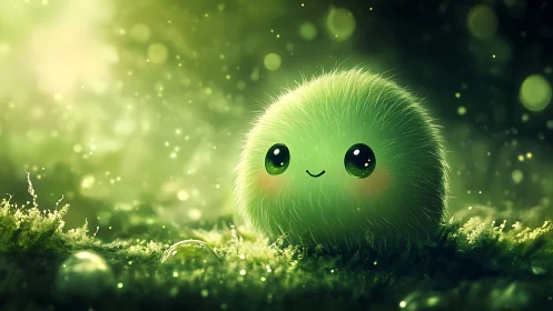 Bioluminescent moss puff creature in luminous macro habitat.