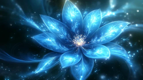 Luminous cosmic flower unfolds in radiant blue starlight
