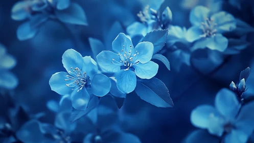Azure Blossoms: Luminescent Blue Flowers in Soft Focus Botanical Composition.