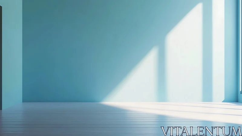 Sunlit minimal interior with soft cyan walls and floor.