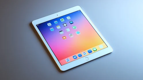 White iPad displaying colorful gradient wallpaper with iOS app icons