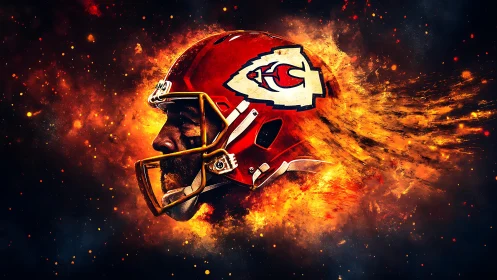 Digital profile of football helmet amid fiery particle field