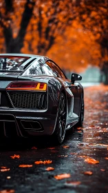Rear view sports car on wet autumn road under orange trees.