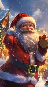 Santa’s cozy winter cheer under softly falling snow.