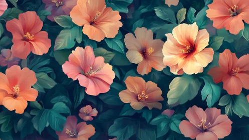 Rendered floral composition with layered hibiscus blooms and foliage