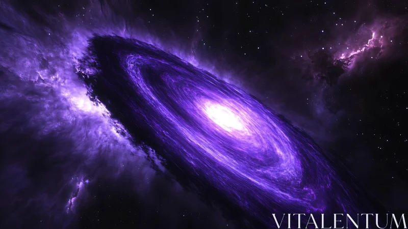 Violet spiral galaxy swirls through luminous cosmic dust