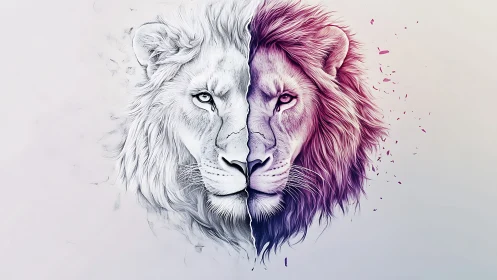 Twin-tone lion spirit split between sketch and neon fire.