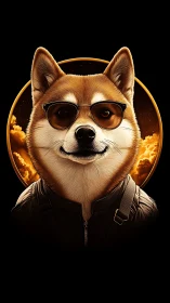 Cool shiba dog in shades against glowing sunset ring.