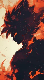 Fiery anime warrior silhouette emerges in swirling embers.
