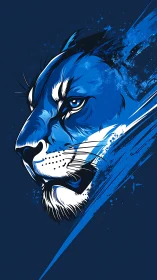 Blue stylized lion head portrait on dark abstract background.