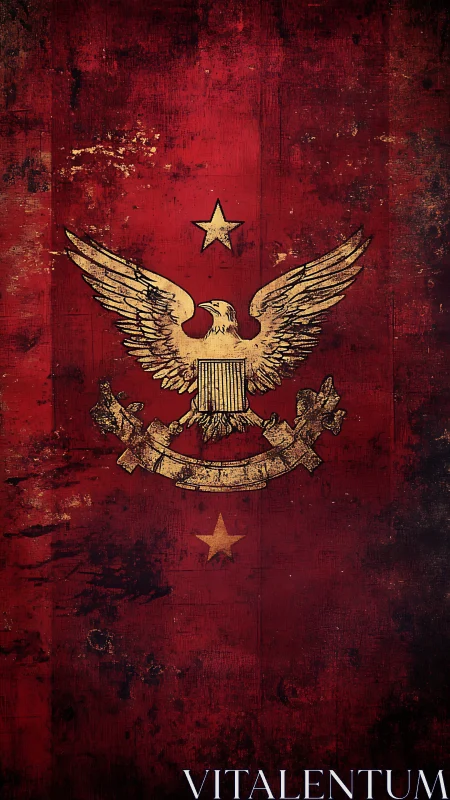 Golden heraldic eagle on distressed crimson banner.