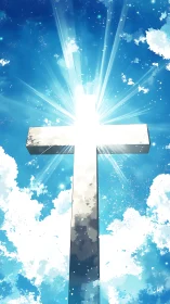 Radiant metallic cross ascends into luminous celestial sky