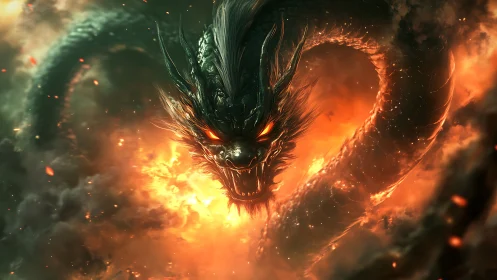 Volumetric-lit serpentine dragon head emerges from fiery vortex