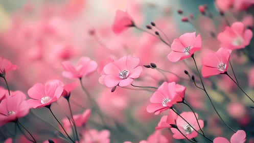 Pink cosmos flowers bloom in soft focus garden scene.
