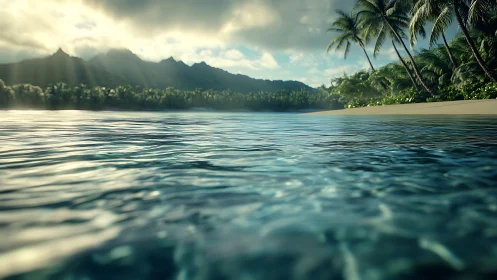 Tropical Paradise Beach at Dawn with Distant Mountains