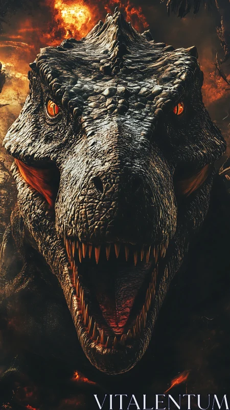 Ferocious dinosaur roars amid molten volcanic inferno.