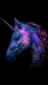 Cosmic unicorn head portrait in glowing neon galaxy colors.