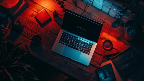 Laptop on wooden desk in red and blue ambient lighting.