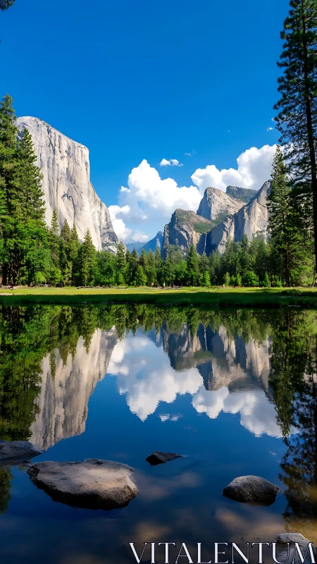 Mirror-bright lake cradling majestic cliffs and forest calm.