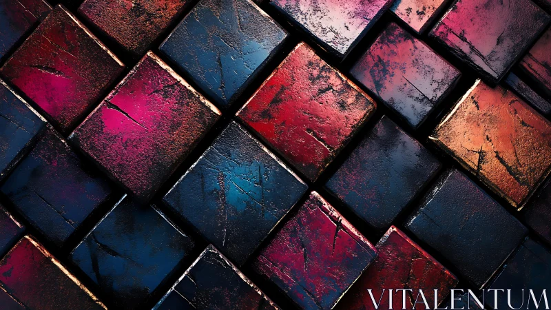 Abstract metallic square tiles with vibrant red and blue hues.