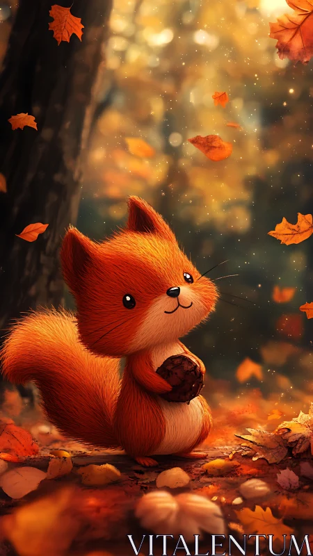 Bright-eyed autumn squirrel cradling treasure in golden woods.