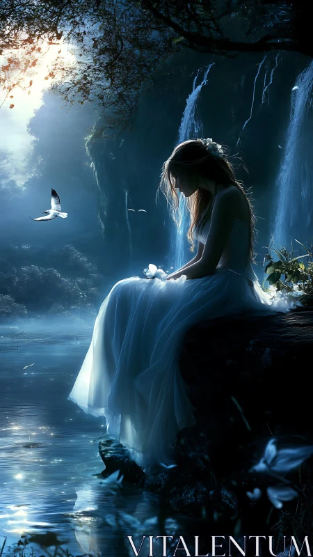 Moonlit maiden rests by a waterfall in gentle, dreamy quiet