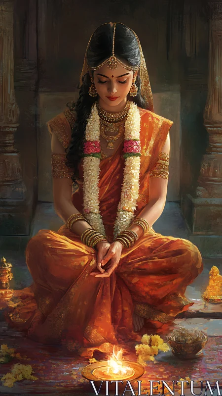 Devotional Indian bride prays quietly before sacred flame