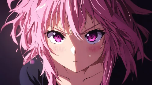 Anime close-up portrait with intense pink lighting symmetry.